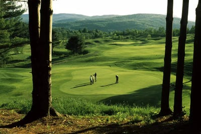 Golfers On A Green, Country Club Of Vermont, Waterbury, Washington County, Vermont, USA by Panoramic Images framed canvas print