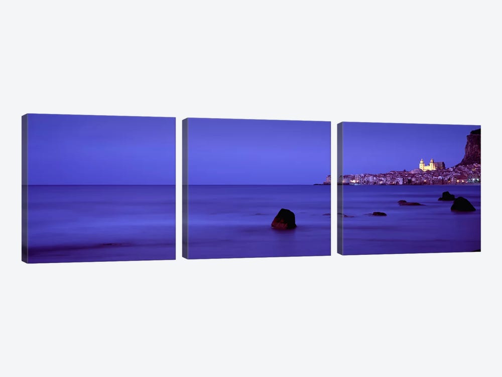 Distant View Of Cefalu At Dusk, Palermo, Sicily, Italy by Panoramic Images 3-piece Canvas Wall Art