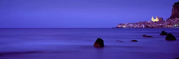 Blue: Distant View Of Cefalu At Dusk, Palermo, Sicily, Italy by Panoramic Images