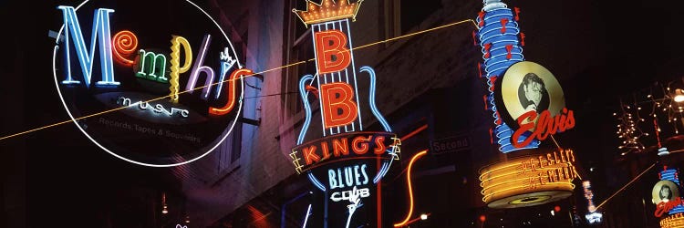 Low angle view of neon signs lit up at night, Beale Street, Memphis, Tennessee, USA by Panoramic Images wall art