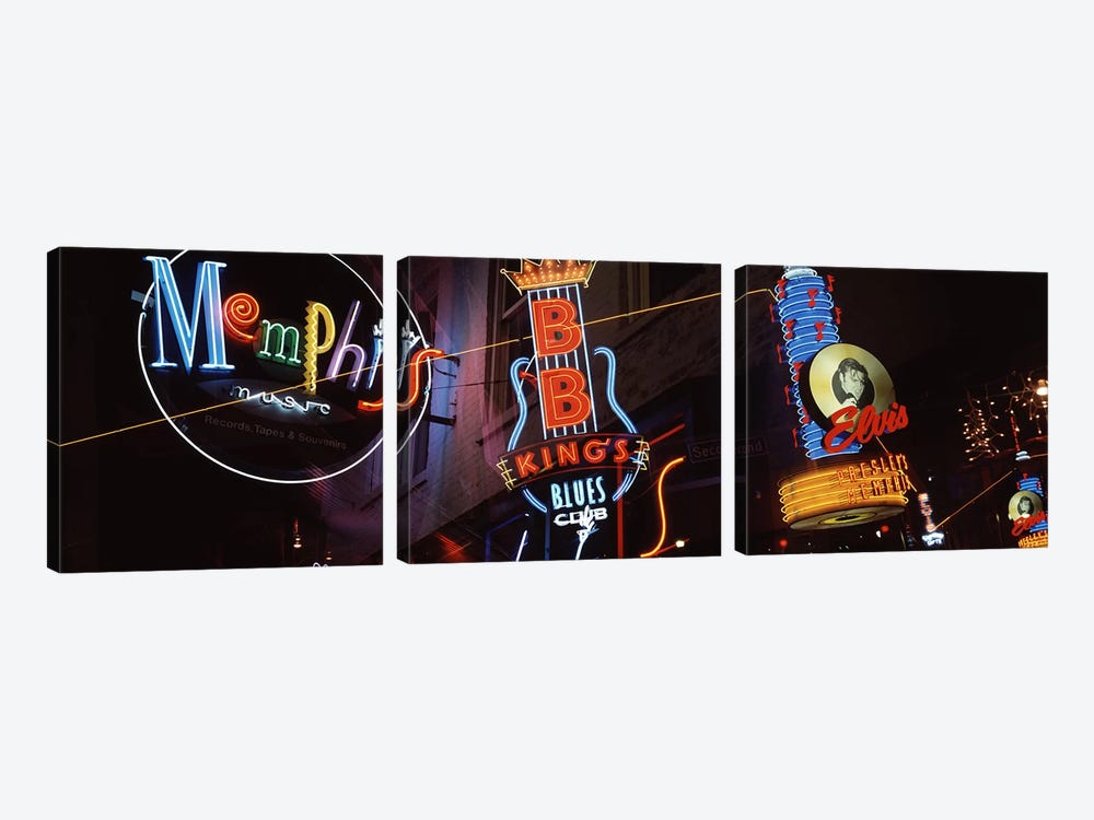 Low angle view of neon signs lit up at night, Beale Street, Memphis, Tennessee, USA by Panoramic Images 3-piece Canvas Art Print