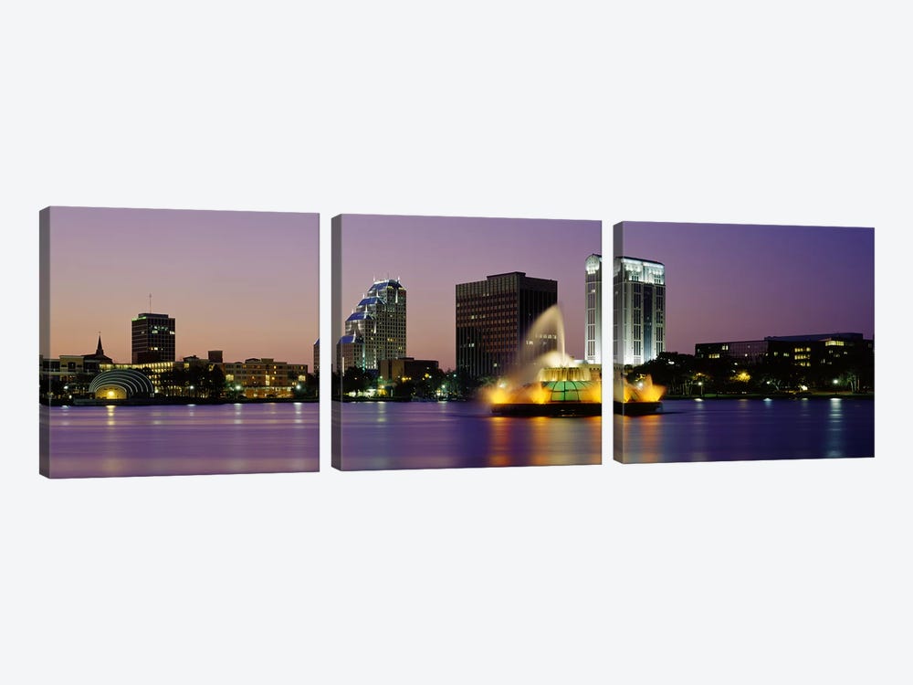 Fountain in a lake lit up at night, Lake Eola, Summerlin Park, Orlando, Orange County, Florida, USA by Panoramic Images 3-piece Canvas Wall Art