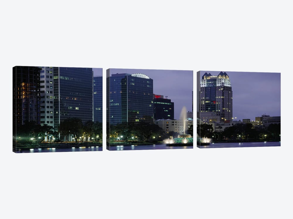 Fountain in a lake lit up at night, Lake Eola, Summerlin Park, Orlando, Orange County, Florida, USA #2 by Panoramic Images 3-piece Canvas Art Print