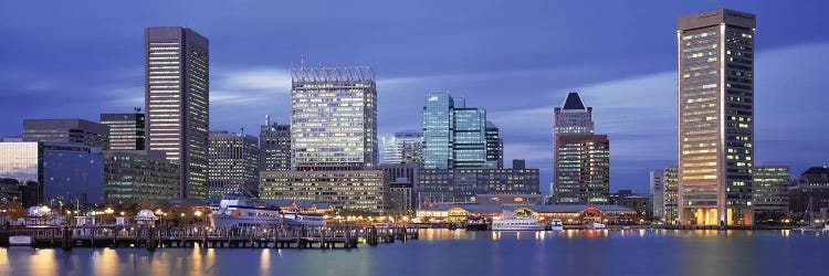 Panoramic View Of An Urban Skyline At Twilight, Baltimore, Maryland, USA