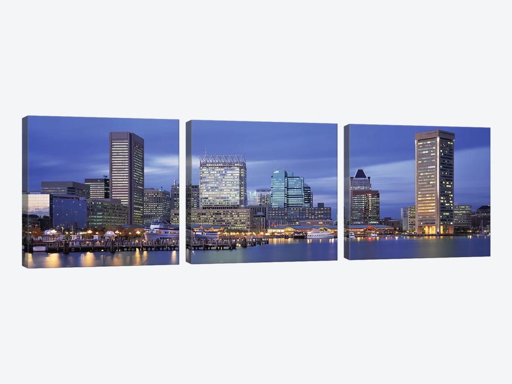 Panoramic View Of An Urban Skyline At Twilight, Baltimore, Maryland, USA by Panoramic Images 3-piece Canvas Art