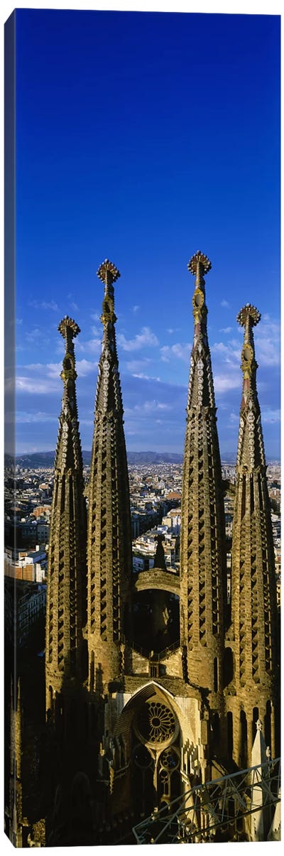 High Section View Of Towers Of A Basilica, Sagrada Familia, Barcelona, Catalonia, Spain Canvas Art Print - Famous Places of Worship