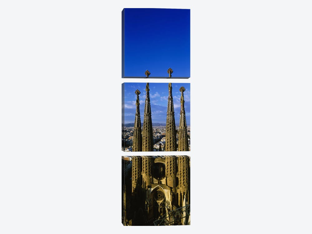 High Section View Of Towers Of A Basilica, Sagrada Familia, Barcelona, Catalonia, Spain by Panoramic Images 3-piece Canvas Print