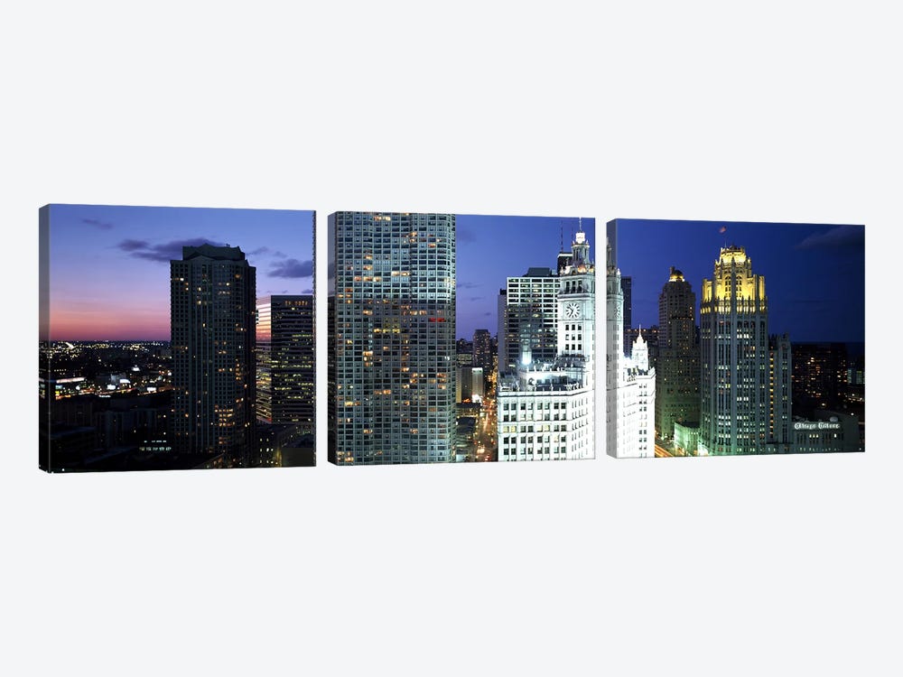 Skyscraper lit up at night in a city, Chicago, Illinois, USA by Panoramic Images 3-piece Canvas Art