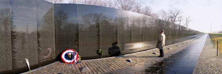 Side profile of a person standing in front of a war memorial, Vietnam Veterans Memorial, Washington DC, USA