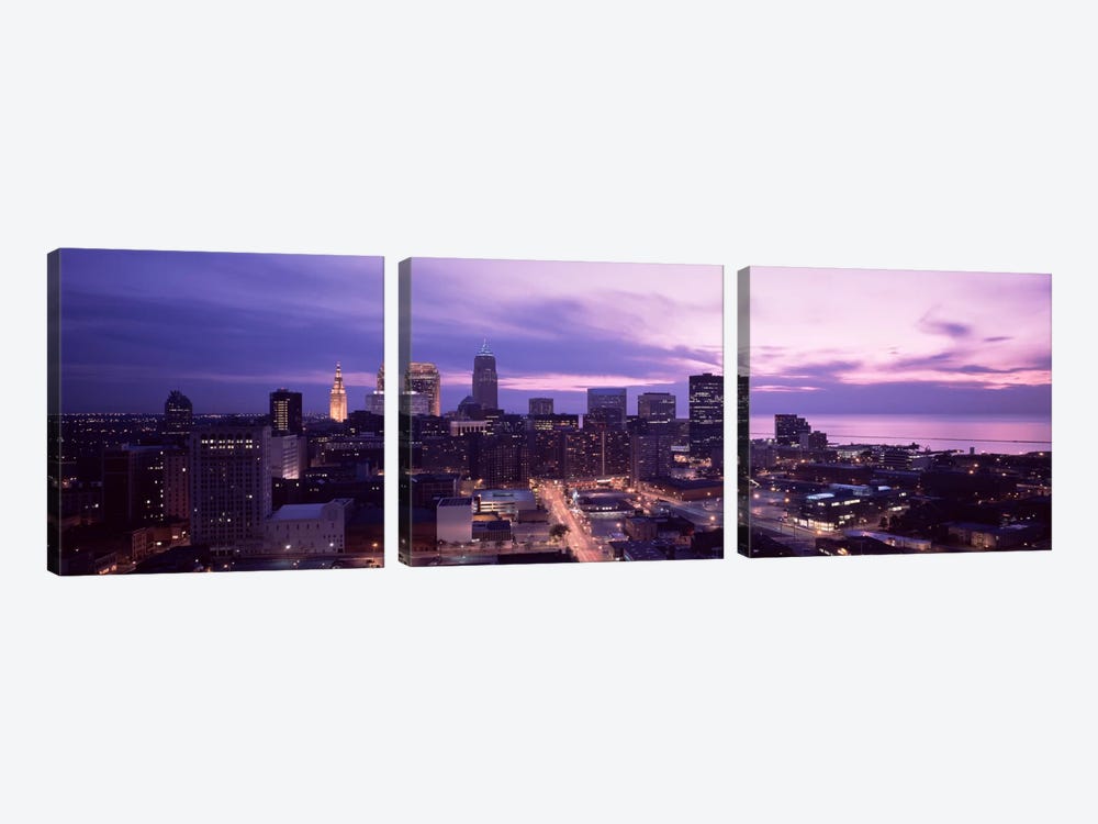 Buildings lit up at night in a cityCleveland, Cuyahoga County, Ohio, USA by Panoramic Images 3-piece Art Print