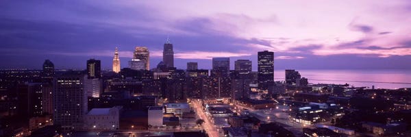 Buildings lit up at night in a cityCleveland, Cuyahoga County, Ohio, USA