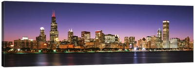 Skyscrapers lit up at night at the waterfront, Lake Michigan, Chicago, Cook County, Illinois, USA Canvas Art Print - United States of America Art