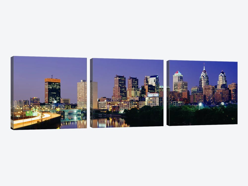 US, Pennsylvania, Philadelphia skyline, night by Panoramic Images 3-piece Canvas Art Print