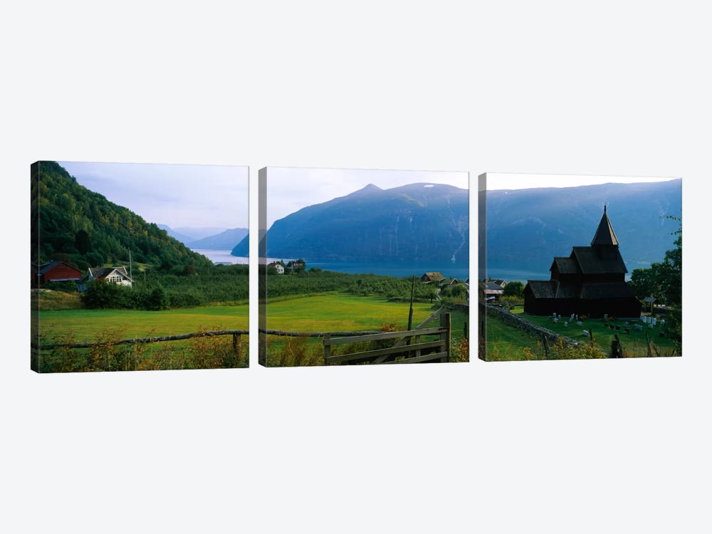 Church in a village, Urnes stave church, Lustrafjorden, Luster, Sogn Og Fjordane, Norway by Panoramic Images 3-piece Canvas Art