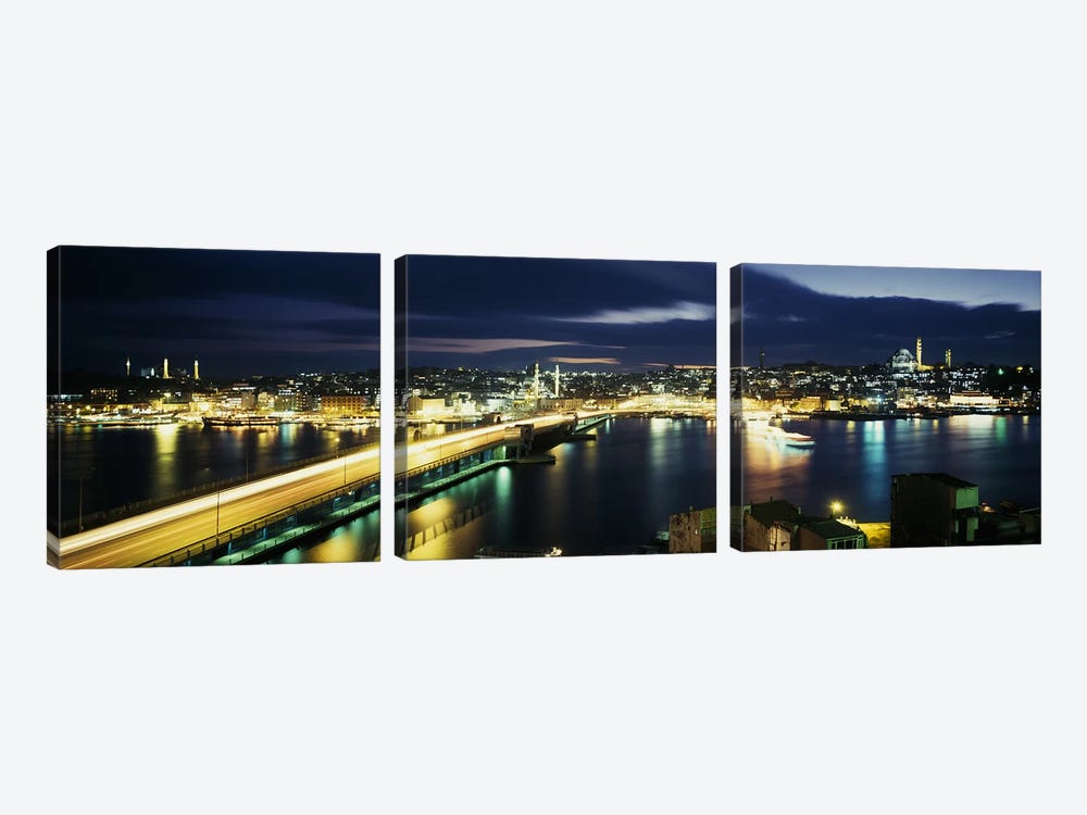 Galata Bridge At Night, Istanbul, Turkey by Panoramic Images 3-piece Canvas Art