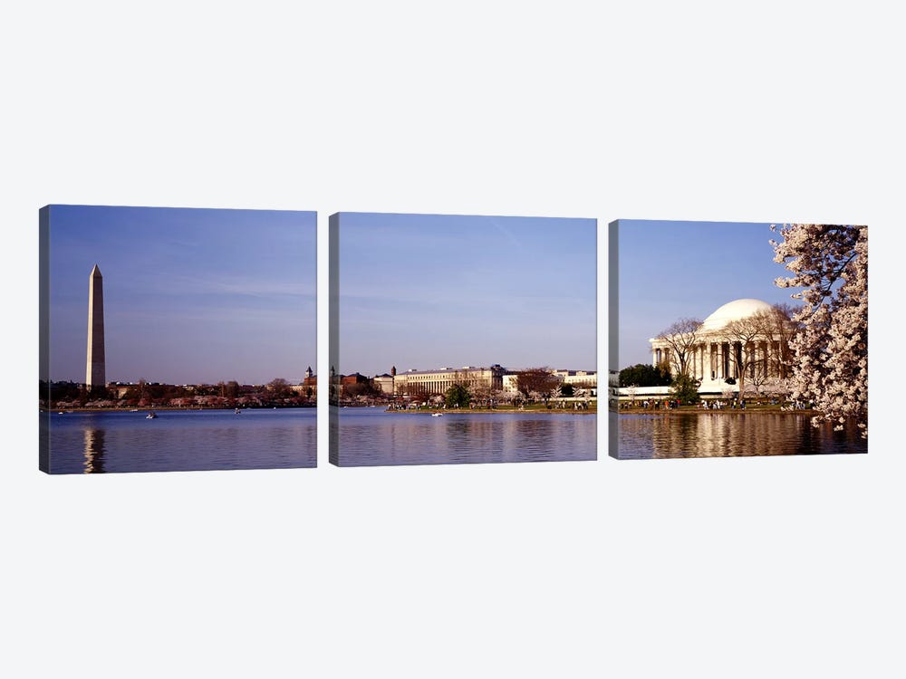 USA, Washington DC, Washington Monument and Jefferson Memorial, Tourists outside the memorial by Panoramic Images 3-piece Art Print