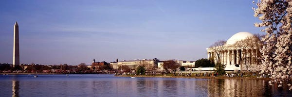 Washington, D.C. Skylines: USA, Washington DC, Washington Monument and Jefferson Memorial, Tourists outside the memorial by Panoramic Images