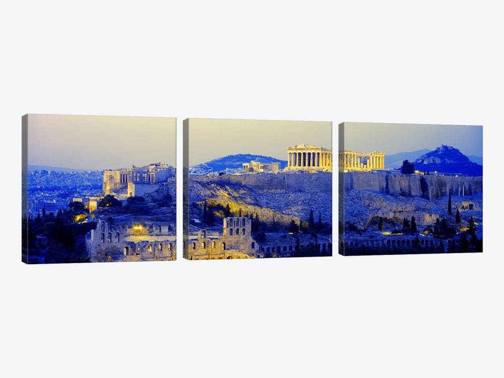 An Illuminated Acropolis At Dusk, Athens, Greece by Panoramic Images 3-piece Canvas Wall Art