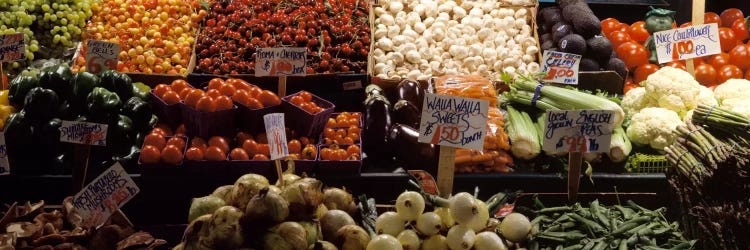 Fruits and vegetables at a market stall, Pike Place Market, Seattle, King County, Washington State, USA