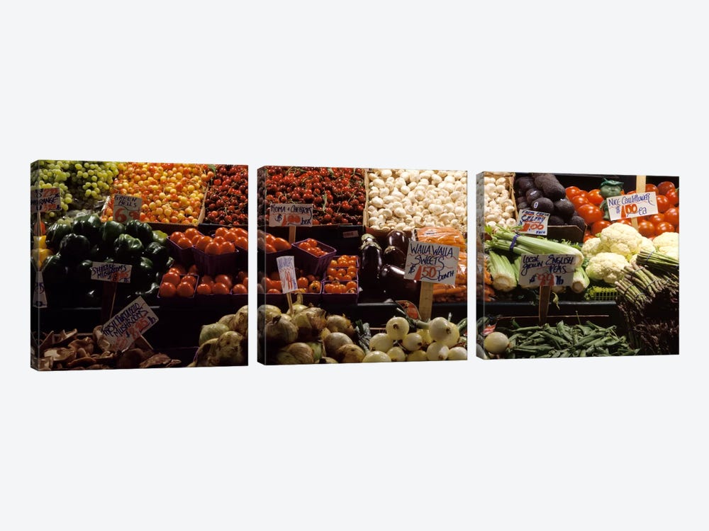 Fruits and vegetables at a market stall, Pike Place Market, Seattle, King County, Washington State, USA by Panoramic Images 3-piece Canvas Art Print