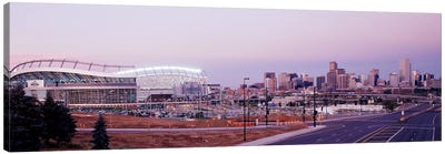 USA, Colorado, Denver, Invesco Stadium, Skyline at dusk Canvas Art Print - Stadium Art