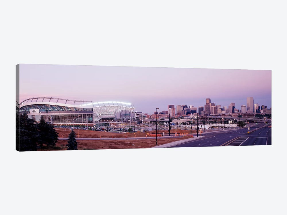 USA, Colorado, Denver, Invesco Stadium, Skyline at dusk by Panoramic Images 1-piece Canvas Wall Art