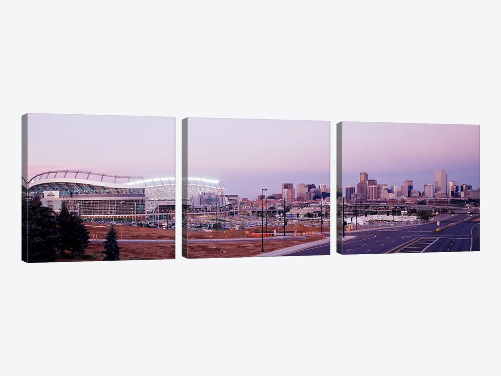 USA, Colorado, Denver, Invesco Stadium, Skyline at dusk by Panoramic Images 3-piece Canvas Art