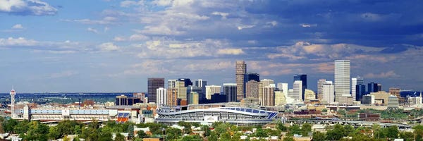Colorado: USA, Colorado, Denver, Invesco Stadium, High angle view of the city by Panoramic Images