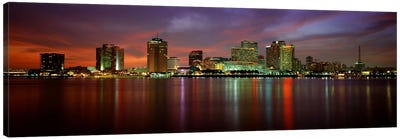 Buildings lit up at the waterfront, New Orleans, Louisiana, USA Canvas Art Print - Panoramic Cityscapes