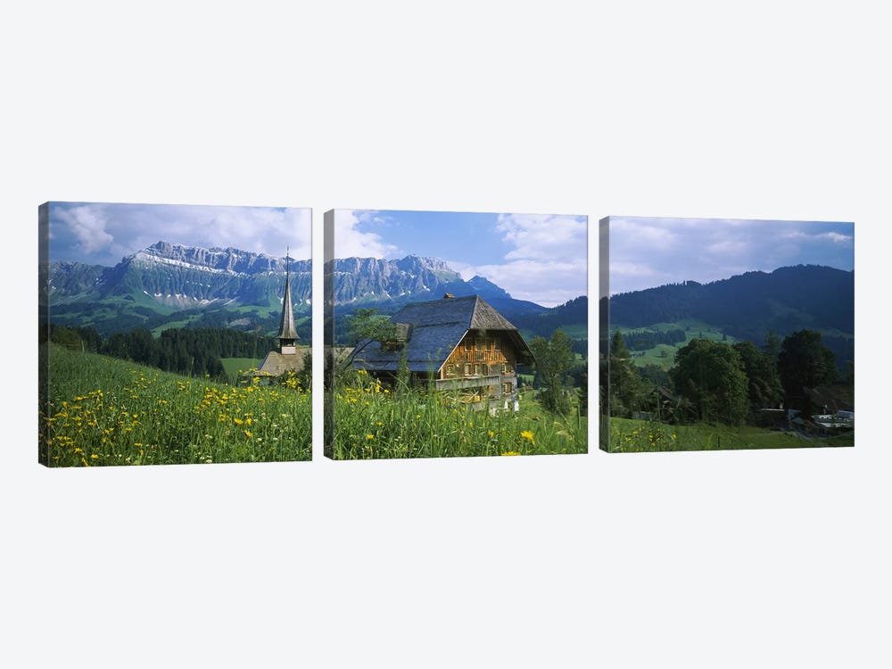 Chalet and a church on a landscape, Emmental, Switzerland by Panoramic Images 3-piece Canvas Artwork