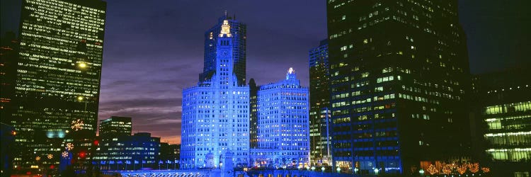 Wrigley Building, Blue Lights, Chicago, Illinois, USA