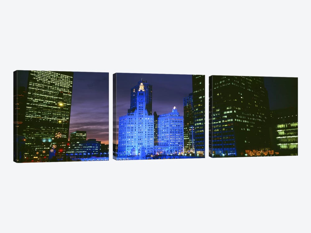 Wrigley Building, Blue Lights, Chicago, Illinois, USA by Panoramic Images 3-piece Canvas Print