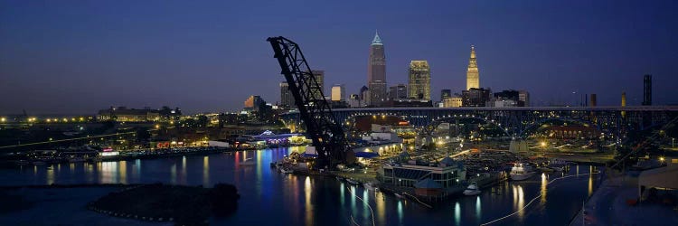 Skyscrapers lit up at night in a cityCleveland, Ohio, USA