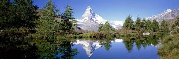 Evergreen Trees: Matterhorn's Riffelsee Reflection, Valais, Switzerland by Panoramic Images