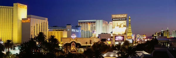 Nevada: Buildings lit up at dusk, Las Vegas, Nevada, USA by Panoramic Images