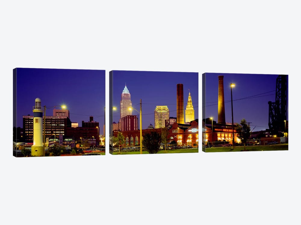 Buildings Lit Up At Night, Cleveland, Ohio, USA by Panoramic Images 3-piece Canvas Print
