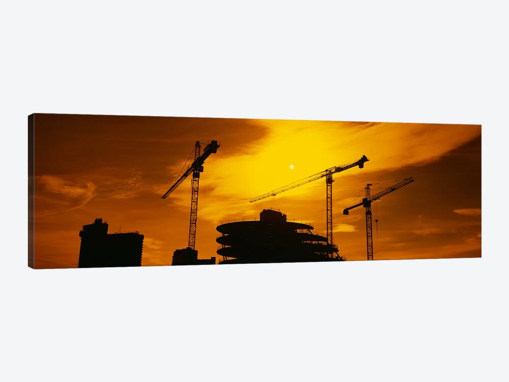 Cranes In An Orange Dusk, London, England, United Kingdom by Panoramic Images 1-piece Canvas Wall Art