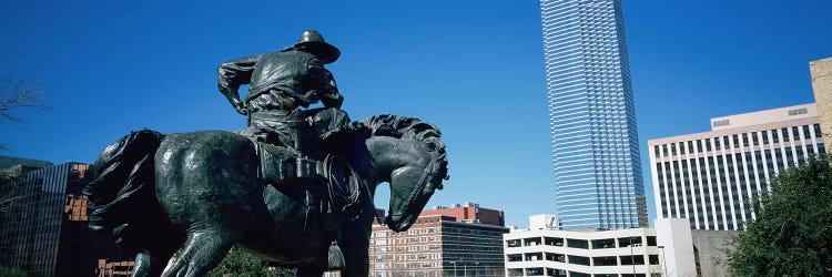 Low Angle View Of A Statue In Front Of Buildings, Dallas, Texas, USA