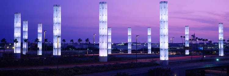 Light sculptures lit up at night, LAX Airport, Los Angeles, California, USA