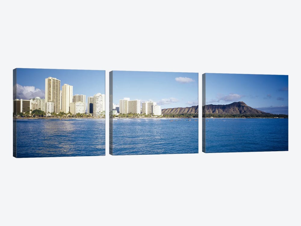 Buildings at the waterfront with a volcanic mountain in the background, Honolulu, Oahu, Hawaii, USA by Panoramic Images 3-piece Canvas Print