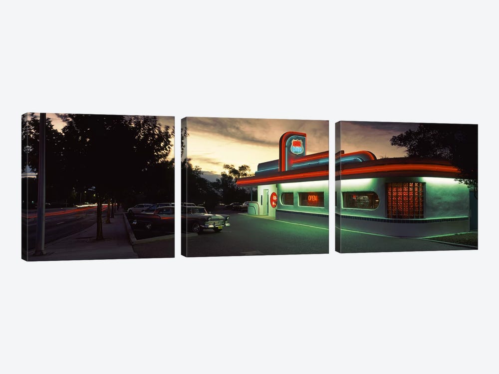 An Illuminated 66 Diner, Route 66, Albuquerque, Bernalillo County, New Mexico, USA by Panoramic Images 3-piece Canvas Art Print