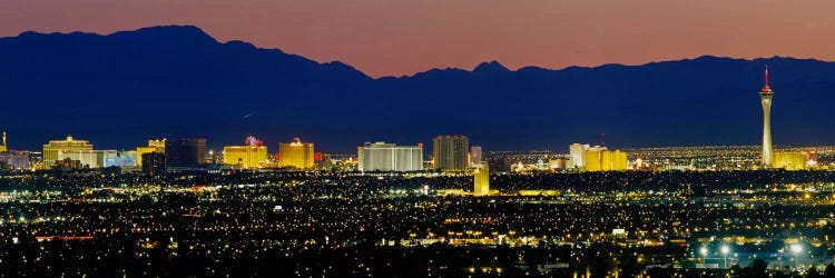 Aerial View Of Buildings Lit Up At Dusk, Las Vegas, Nevada, USA