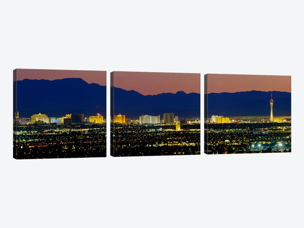 Aerial View Of Buildings Lit Up At Dusk, Las Vegas, Nevada, USA by Panoramic Images 3-piece Canvas Art Print