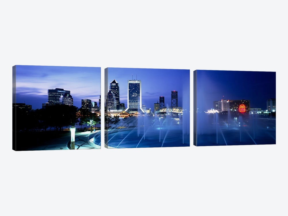 Fountain, Cityscape, Night, Jacksonville, Florida, USA by Panoramic Images 3-piece Canvas Art Print