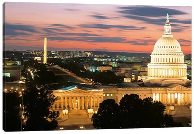 High angle view of a city lit up at dusk, Washington DC, USA Canvas Art Print - Places