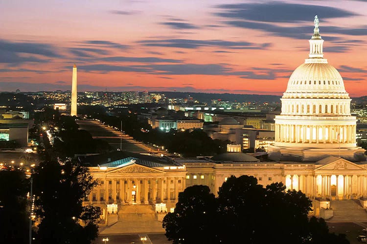 High angle view of a city lit up at dusk, Washington DC, USA