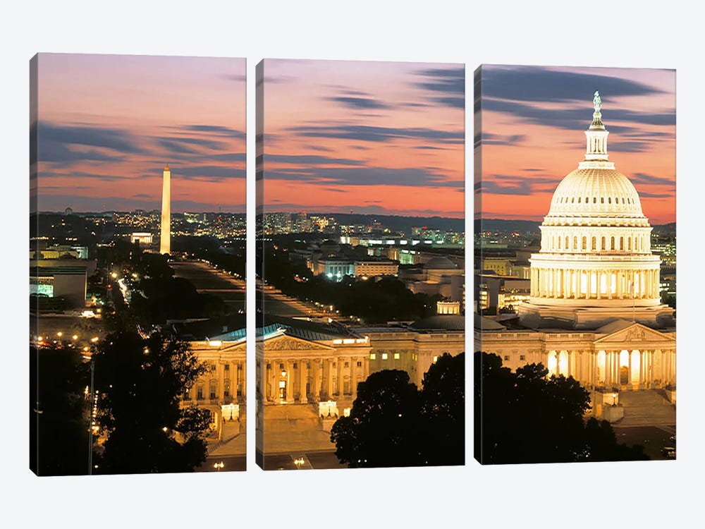 High angle view of a city lit up at dusk, Washington DC, USA by Panoramic Images 3-piece Canvas Wall Art