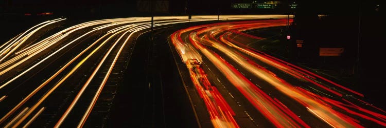 High angle view of traffic on a road at night, Oakland, California, USA