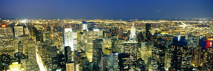 Aerial View of Buildings Lit Up At Dusk Manhattan, NYC, New York City, New York State, USA