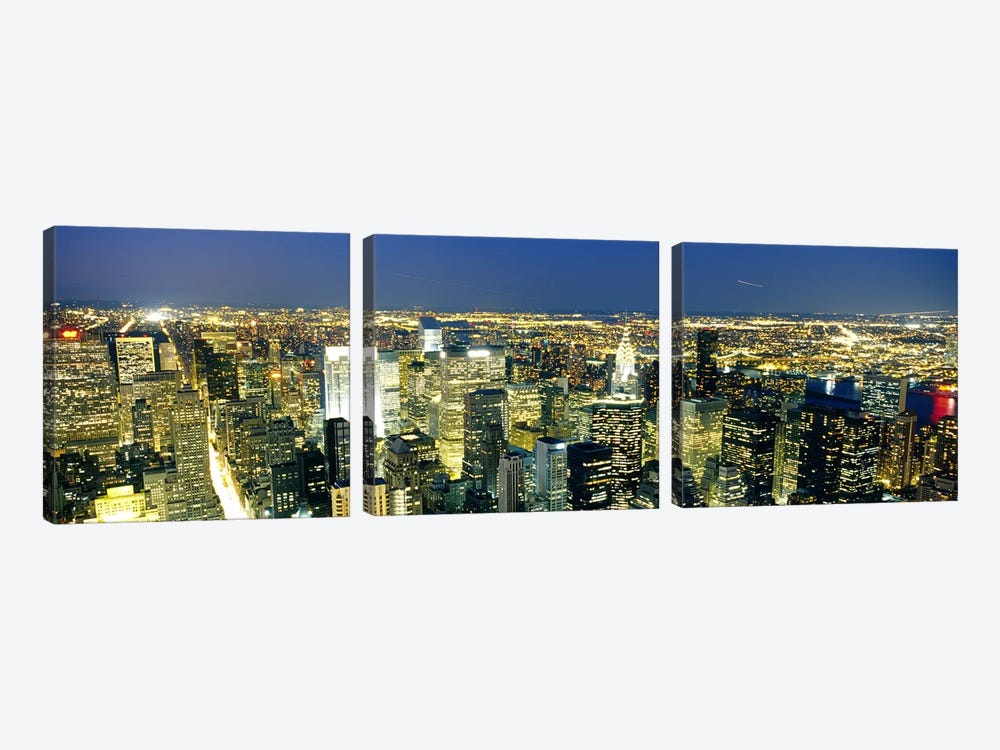 Aerial View of Buildings Lit Up At Dusk Manhattan, NYC, New York City, New York State, USA by Panoramic Images 3-piece Canvas Artwork